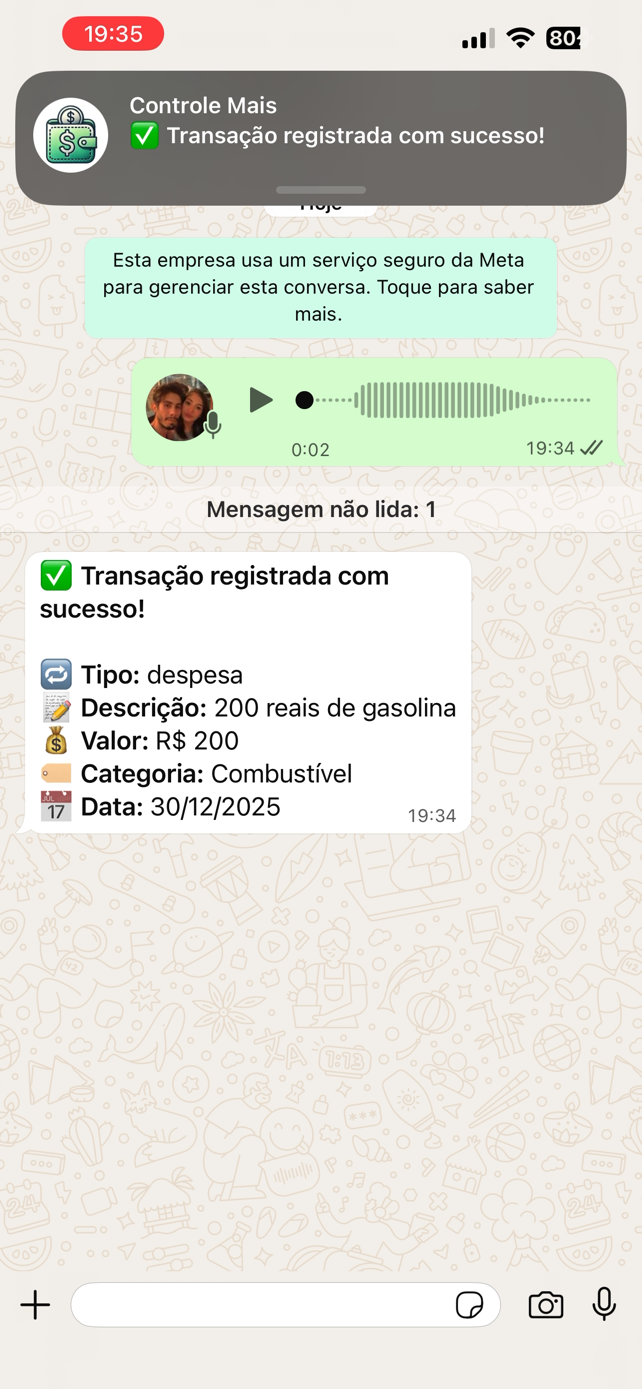 Envio de áudio no WhatsApp com registro automático de lançamento